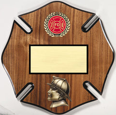 Walnut Veneer Maltese Cross Plaque with Fireman Head 12 inch x 12 inch