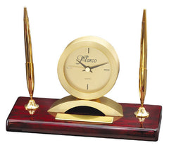 Piano Finish Rosewood Desk Set, Clock with 2 Pens 5-1/2 inch x 7-3/4 inch