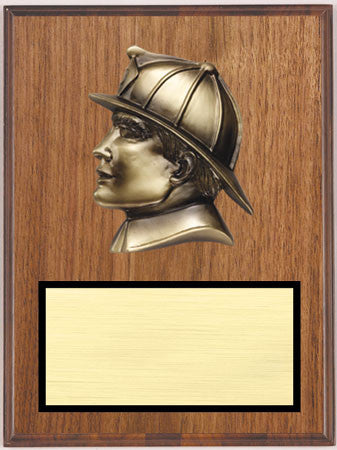 Walnut Veneer Plaque with Fireman Head 9 inch x 12 inch