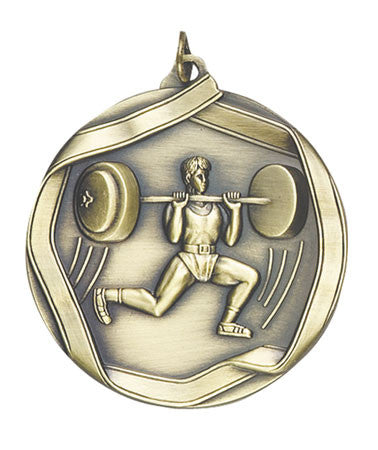Ribbon Series Sport Medals - 2 1/4 inch  Medal with ribbon  - Weight Lifter, Male